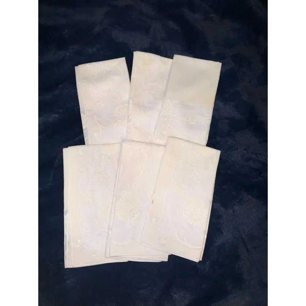Vintage White Floral Scroll Cloth Napkins Handkerchief Set of 6
